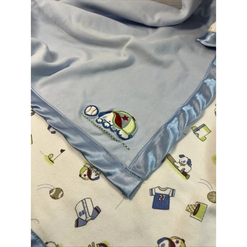 Baby Connection Puppy Dog Football Baseball Golf Satin Trim Blue Blanket HTF